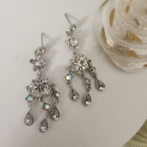 Silver Chandelier Dangle Earrings with Ab and Clear Crystal Stones